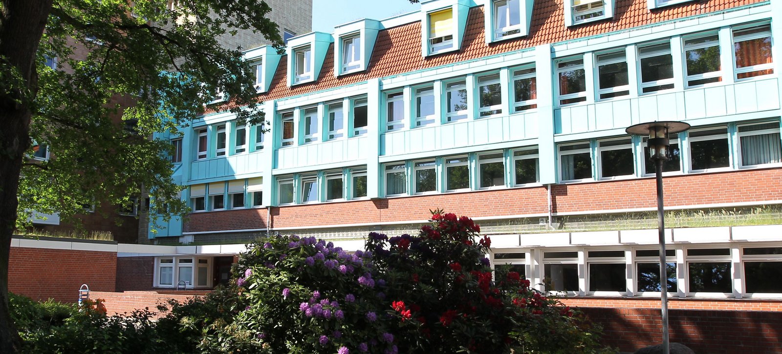 Ev. Hochschule für Soziale Arbeit & Diakonie Blick auf die Evangelische Hochschule durch den blühenden Park.