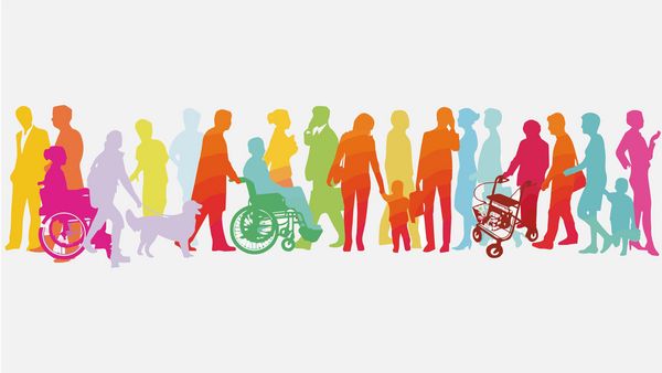 Farbige Illustration einer Menschengruppe von Erwachsenen, Kindern, Rollstuhlfahrern und älteren Menschen