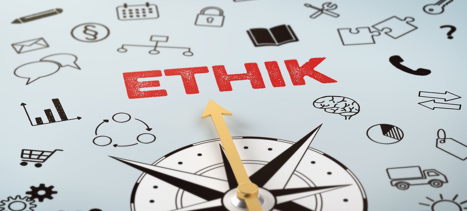 Ethische Grundsätze Blick auf einen Kompass, über dem das Wort Ethik steht.